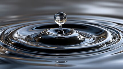 Water Drop Creating Ripples on a Reflective Black Surface with Circular Patterns