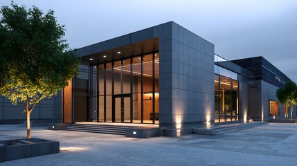 Contemporary Urban Building with Glass Facade and Ambient Lighting at Dusk in a Quiet Setting