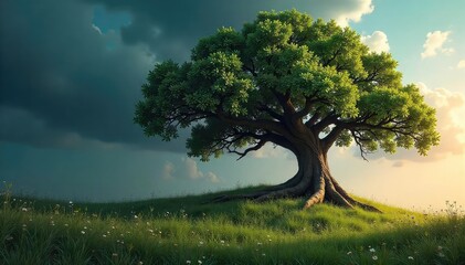 A well-established business, symbolized by a sturdy oak tree with deep roots, representing longevity, stability, and enduring success in the marketplace , progress, dependable, accomplishment