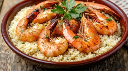 Grilled Shrimp Served on a Bed of Fluffy Couscous with Herbs