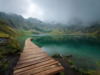 Spectacular Volcanic Crater Lake with Verdant Surroundings and Ethereal Mist, Wooden Dock Piercing the Calm Waters.