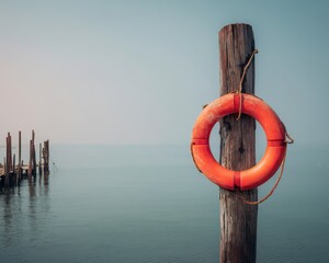 Summer travel planning concept shows A lifebuoy hangs on a wooden post beside calm waters and distant pilings at sunset.