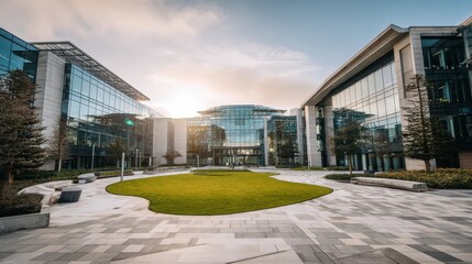 Fototapeta premium Modern Business Complex with Glass Facades and Green Spaces