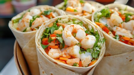 Fresh Shrimp Tacos with Vegetables Served in Tortilla Wraps