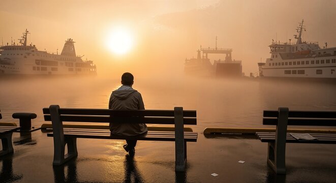Man sitting alone on a bench by the water, watching the sunrise over a foggy harbor with ferries and ships.