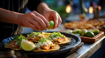 Chef Garnishing Grilled Tacos with Fresh Lime and Herbs at Outdoor Food Market