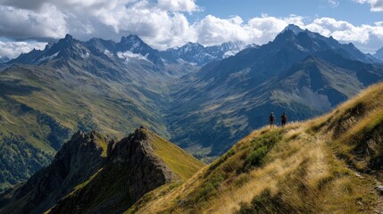 Hikers trekking along a ridge with panoramic views of the valleys and jagged snowy mountains stretching far into the distance in the Alps