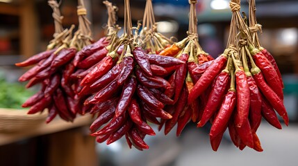 Bundles of Vibrant Red Chili Peppers Hanging in a Market for Culinary Use and Fresh Ingredients