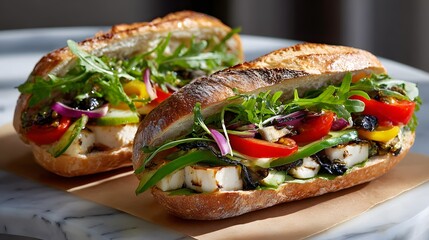 Gourmet Grilled Vegetable Sandwich with Fresh Ingredients on a Marble Countertop