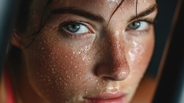 Honest and unfiltered fitness closeup of a woman giving full effort on elliptical, face wet with sweat