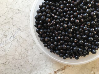 Large plastic bowl with washed black currants on a marble surface