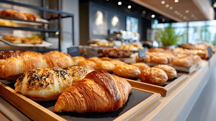 Assorted Freshly Baked Pastries and Croissants Displayed in Modern Bakery Interior