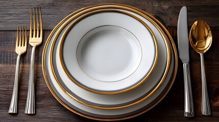 Elegant Gold Rimmed Dinnerware Set on Wooden Table for Fine Dining Experience