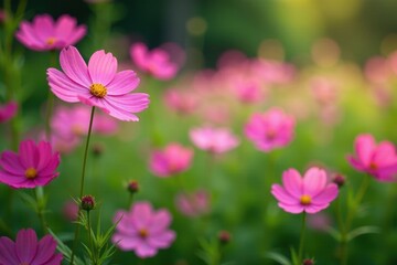 Obraz premium Pink cosmos flowers in a lush green garden, shallow depth of field , art, flora, petal