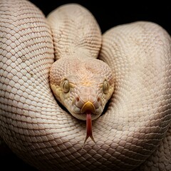 Fototapeta premium Captivating Close Up of a White Albino Ball Python Snake with Forked Tongue Flicking