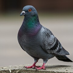 A Close Up View of a Rock Dove with Iridescent Neck Feathers Standing on a Stone Surface