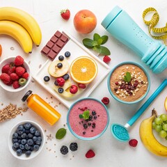 Healthy lifestyle flat lay &ndash; fruits, smoothies, fitness gear on clean background.
