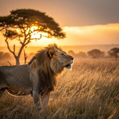 Majestic lion in golden sunset savanna &ndash; powerful and royal pose.