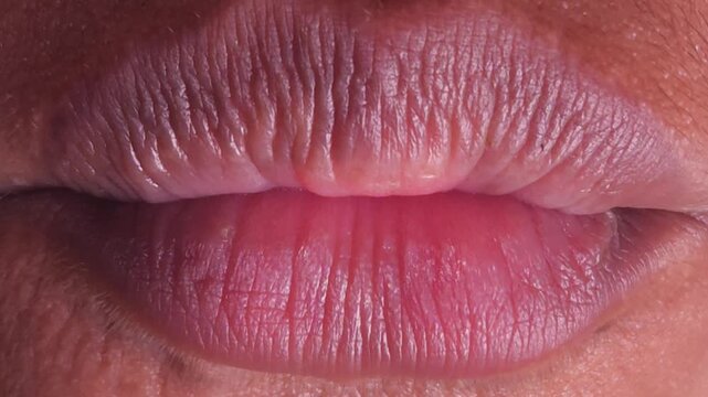 Close up Macro of Indian teenage girl lips doing various types of expressions. lift, Frown, grimace, moue, scowl, pout, Kiss, smooch, smack, peck, graze, caress, skim