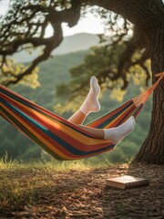 Relaxed legs in a hammock under a tree, serene outdoor scene