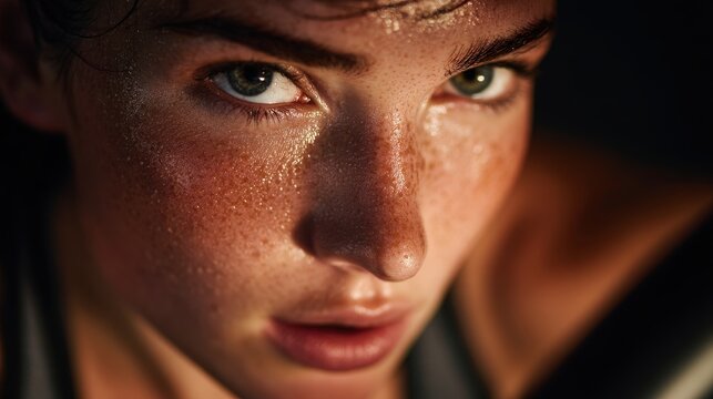 Intense closeup portrait of a sweaty woman pushing through her workout on an elliptical trainer under gym lighting