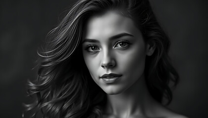 Naklejka premium Black-and-white portrait of a woman with long, wavy hair, intense eyes, and a subtle moody vibe. 4K and HD image