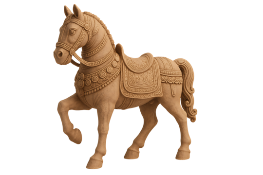 Ancient brown horse statue isolated on transparent background