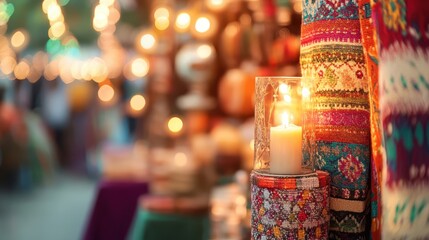 Vibrant Market Scene with Candle and Colorful Decor in Evening Light