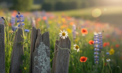 Rustic wooden fence in a vibrant meadow at sunset