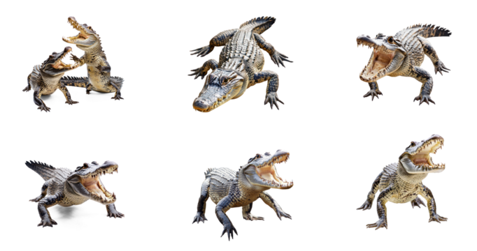 Collection of Crocodile interacting Two crocodiles engage in territorial behavior or communicate with each other. full length isolate on transparent background