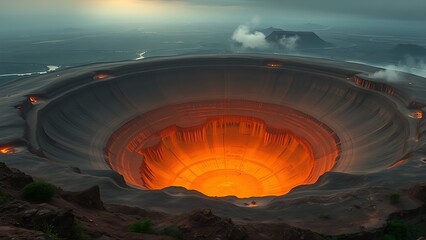 Ancient impact crater with mysterious geological formations glowing with preservation symbols in Ghana
