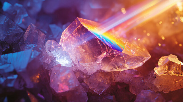 Close-up of laser light refracting through crystal, creating multiple rainbow colors with intense glowing illumination