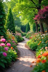Fototapeta premium A winding garden path, beautifully decorated with vibrant flowers, lush greenery, and charming garden ornaments, creates a serene and inviting walkway , summer, butterflies, meandering path