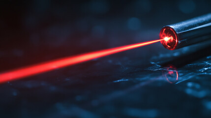 Close-up of laser pointer casting bright red beam across dark background with reflective surface creating mesmerizing effect