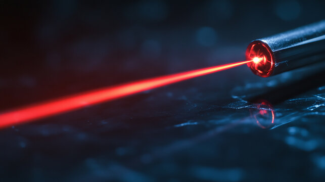 Close-up of laser pointer casting bright red beam across dark background with reflective surface creating mesmerizing effect