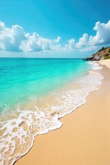 Obraz premium Sun-drenched coastal scene, turquoise water laps gently against golden sand Perfect for summer vacation, travel, and holiday themes Tranquil ocean waves and bright sky , coastline, sea, sand dune
