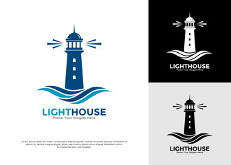Lighthouse with waves logo vector template. Suitable for travel agencies, coastal resorts, real estate companies, or maritime services, safety, and a spirit of exploration.