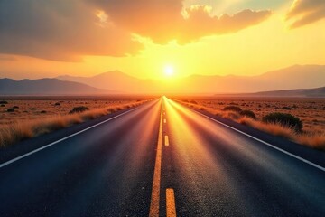 Fototapeta premium Endless asphalt ribbon stretching towards a hazy horizon, sun-drenched landscape fading into distance Perfect for travel, journey, adventure, and freedom concepts , pattern, direction, sky