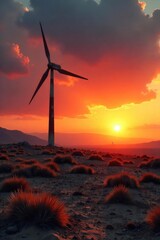 Obraz premium A desolate, sun-baked landscape with a lone, rusting wind turbine silhouetted against a fiery sunset, conveying the struggle for energy in a harsh environment , sunset, machinery, dystopia