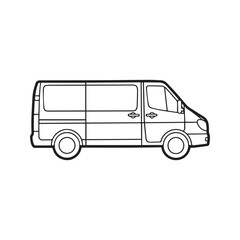 Delivery Van Side View Outline Drawing for Kids Coloring Page, Commercial Cargo Vehicle Vector Illustration.
