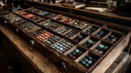 Vintage Wooden Drawer Filled with Colorful Artistic Supplies and Stones