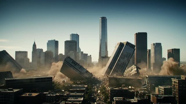city skyline shaking violently as multiple buildings collapse from earthquake