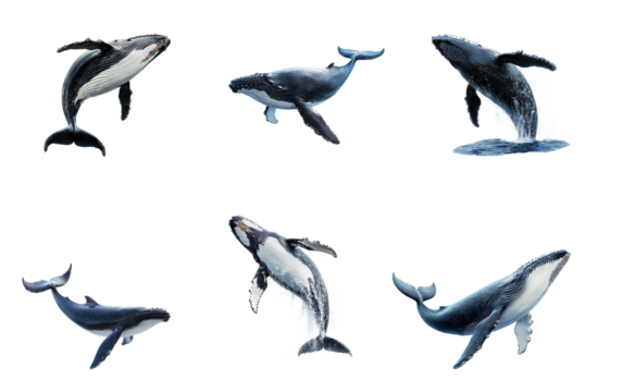 Collection of Whale circling A whale swims in a wide circle, moving slowly through the water. full length isolate on transparent background