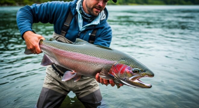 Fisherman Holding a Large Rainbow Trout in a River