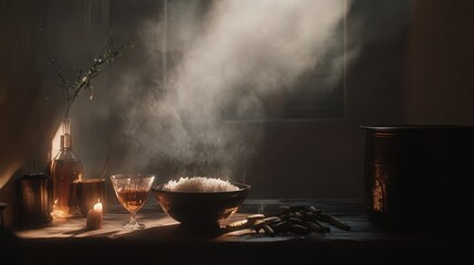 Warm Ambiance with Rice Bowl and Candlelight in a Cozy Room