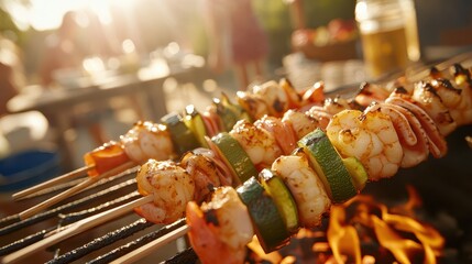 Obraz premium Grilled Seafood Skewers with Colorful Vegetables at Outdoor Barbecue