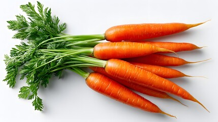 Fresh Organic Carrots with Green Tops Gathered Together on a White Background