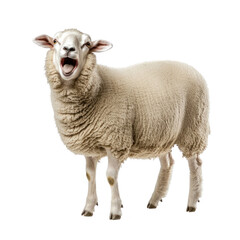Fototapeta premium Sheep bleating A sheep stands with its mouth open, mid-bleat, calling to the flock. full length isolate on transparent background