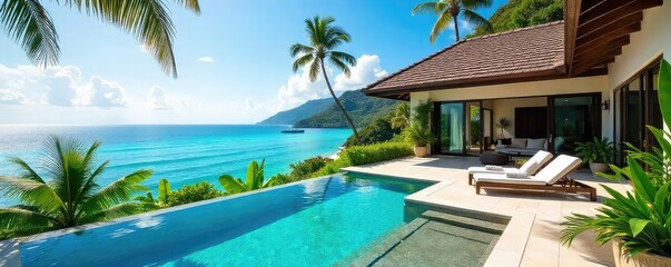 Fototapeta premium Luxurious villa with private pool, stunning ocean views, and lush tropical gardens Perfect for a relaxing getaway , holiday, beautiful