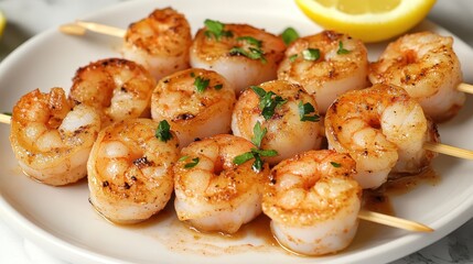 Grilled Shrimp Skewers with Lemon and Fresh Herbs on a Plate